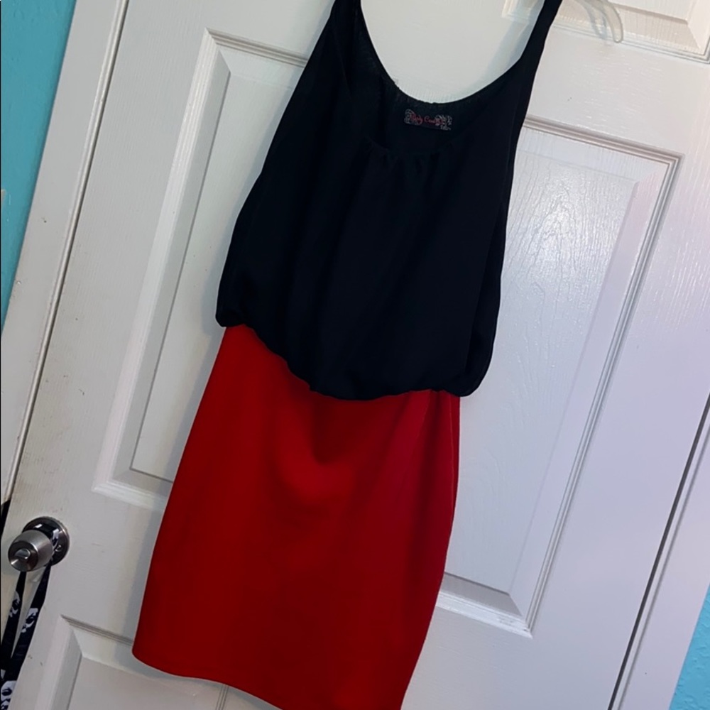 Red and black knee length dress